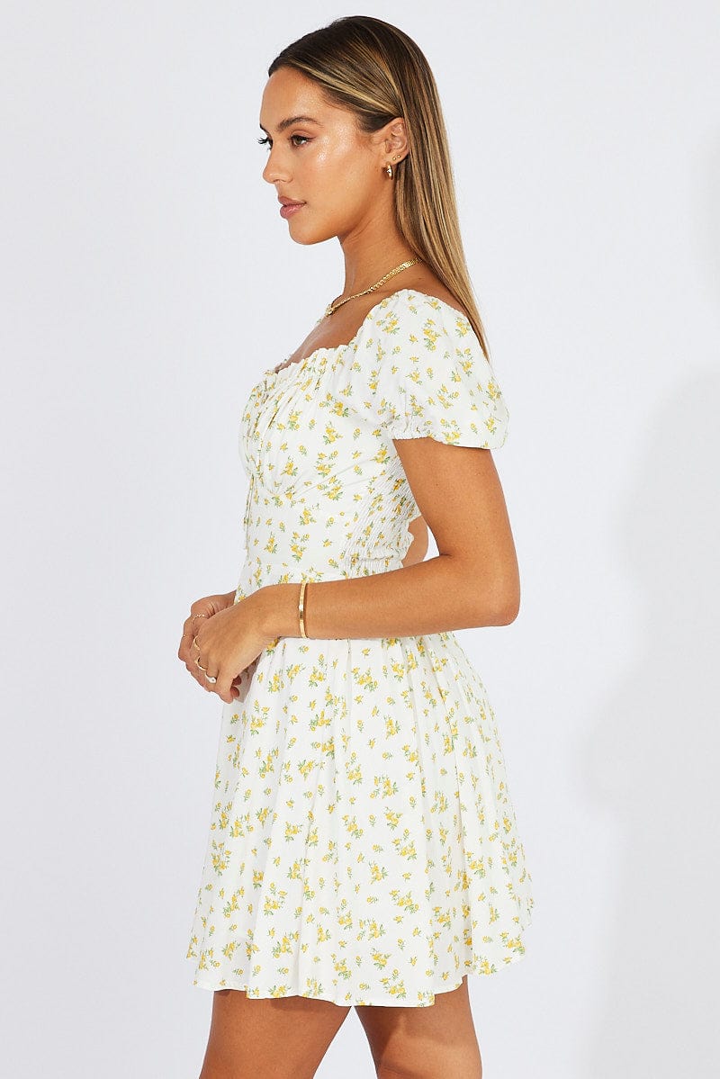 White Ditsy Fit And Flare Dress Puff Sleeve Mini