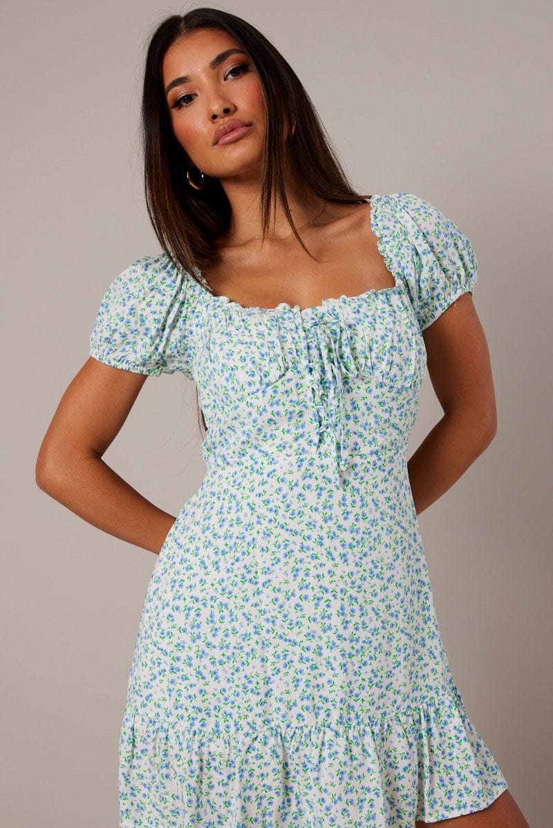White Ditsy Fit and Flare Dress Short Sleeve Lace Up Front