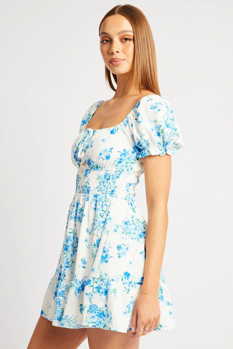 Blue Floral Fit And Flare Dress Mini