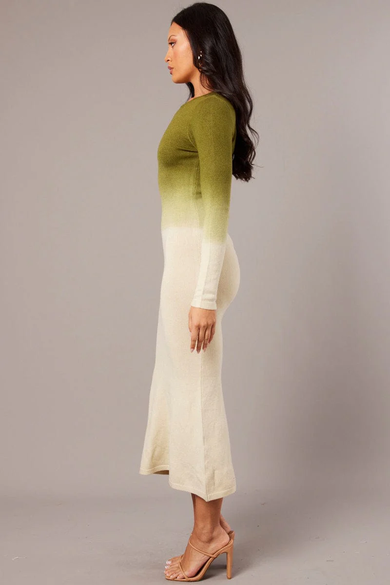 Green Print Knit Dress Long Sleeve Maxi