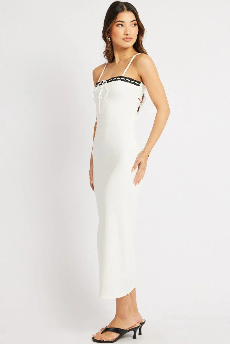 White Bodycon Dress Maxi Ribbon Trim