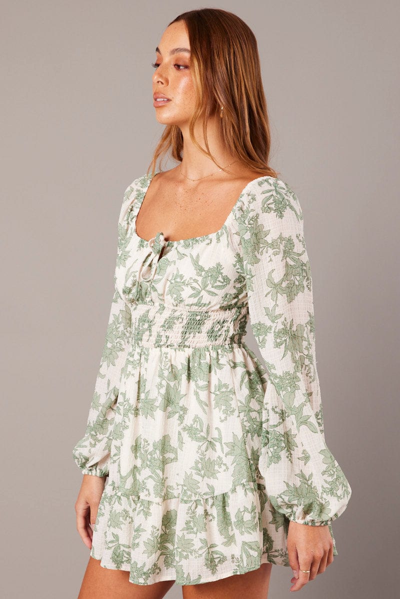 White Floral Fit and Flare Dress Long Sleeve Ruched Bust