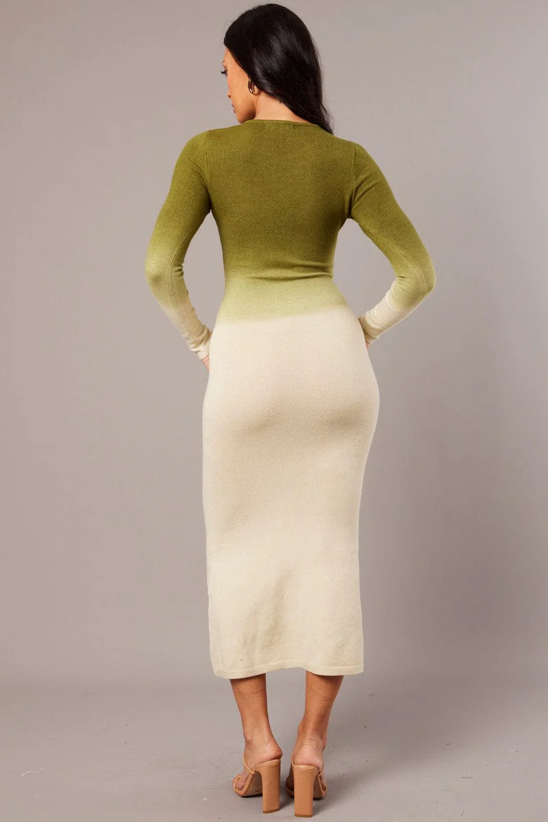 Green Print Knit Dress Long Sleeve Maxi