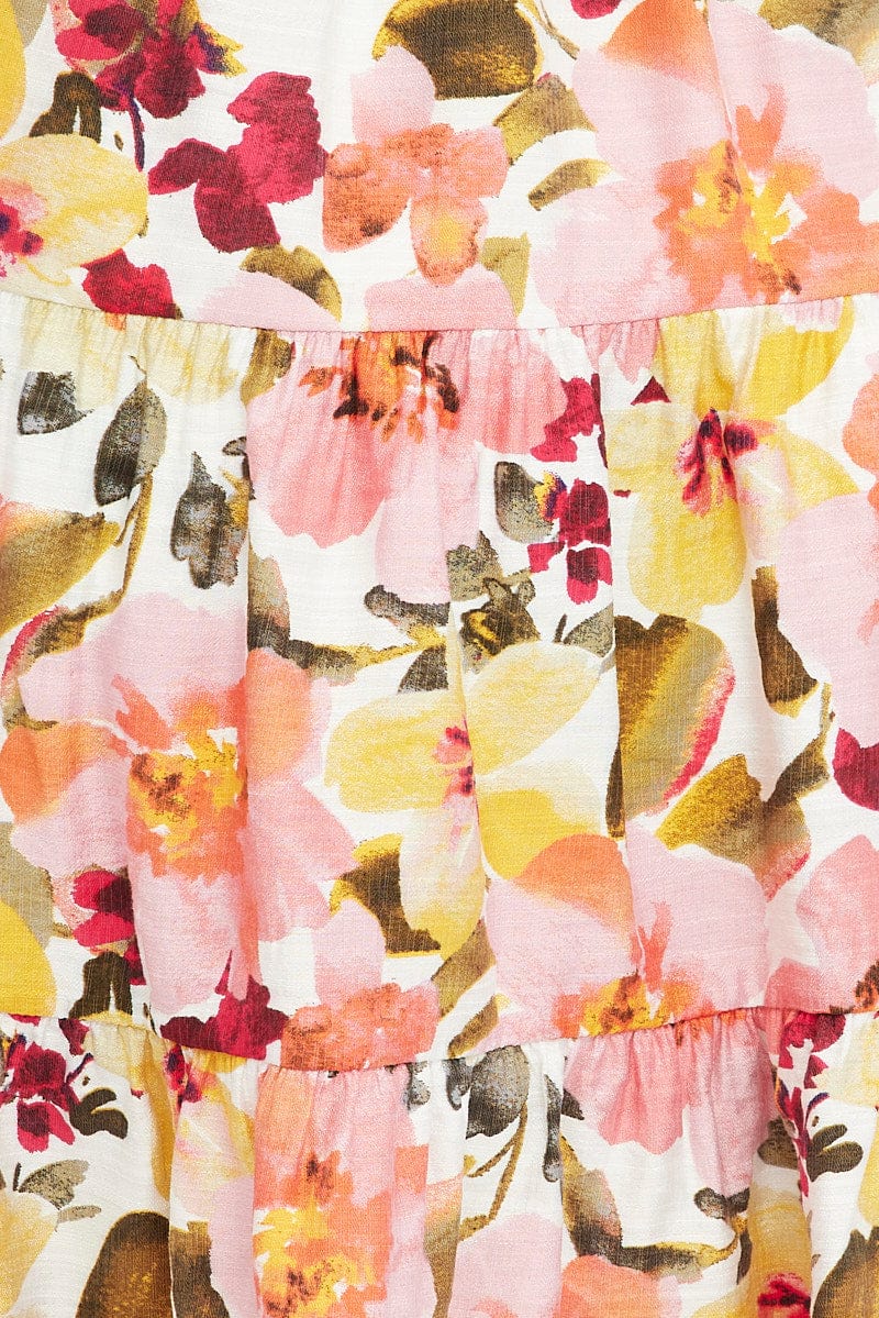 Pink Floral Fit and Flare Dress Short Sleeve Shirred