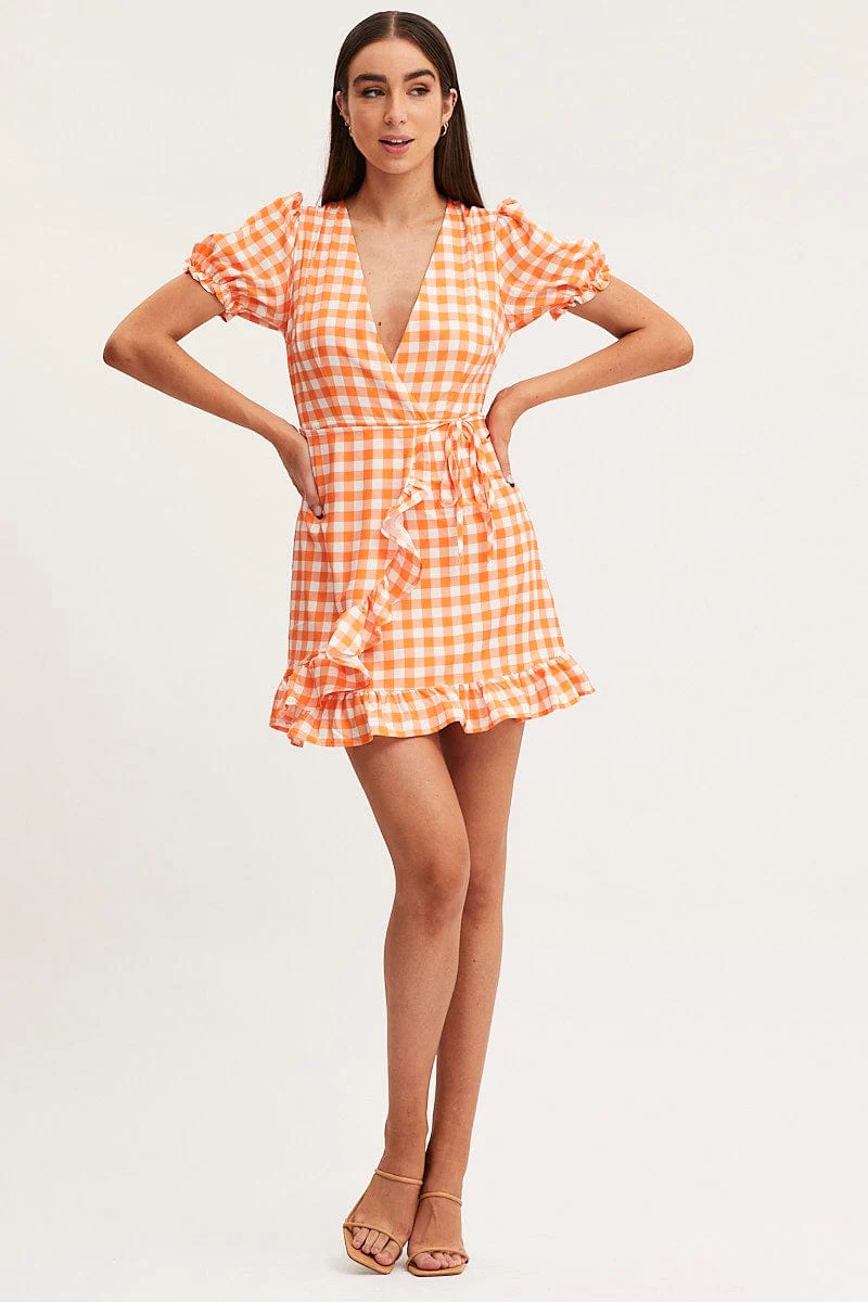 Check Wrap Dress Short Sleeve