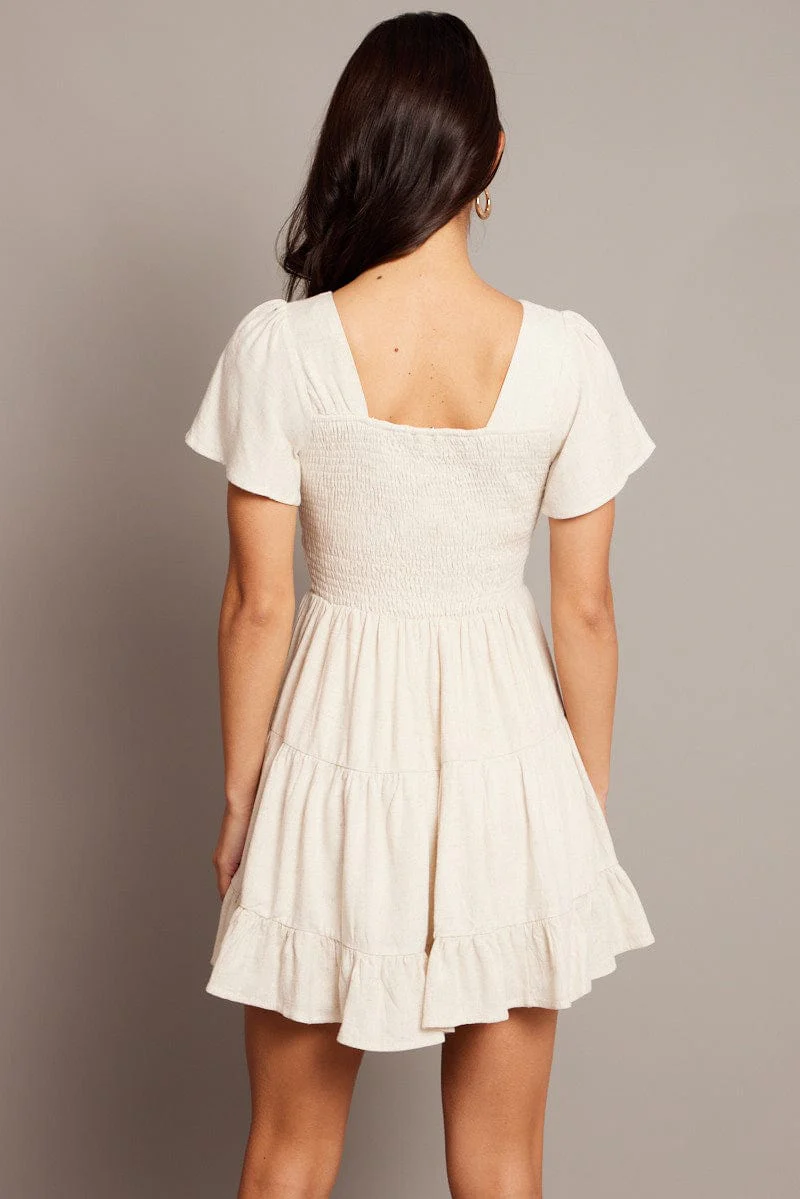 Beige Fit And Flare Dress V-neck Mini