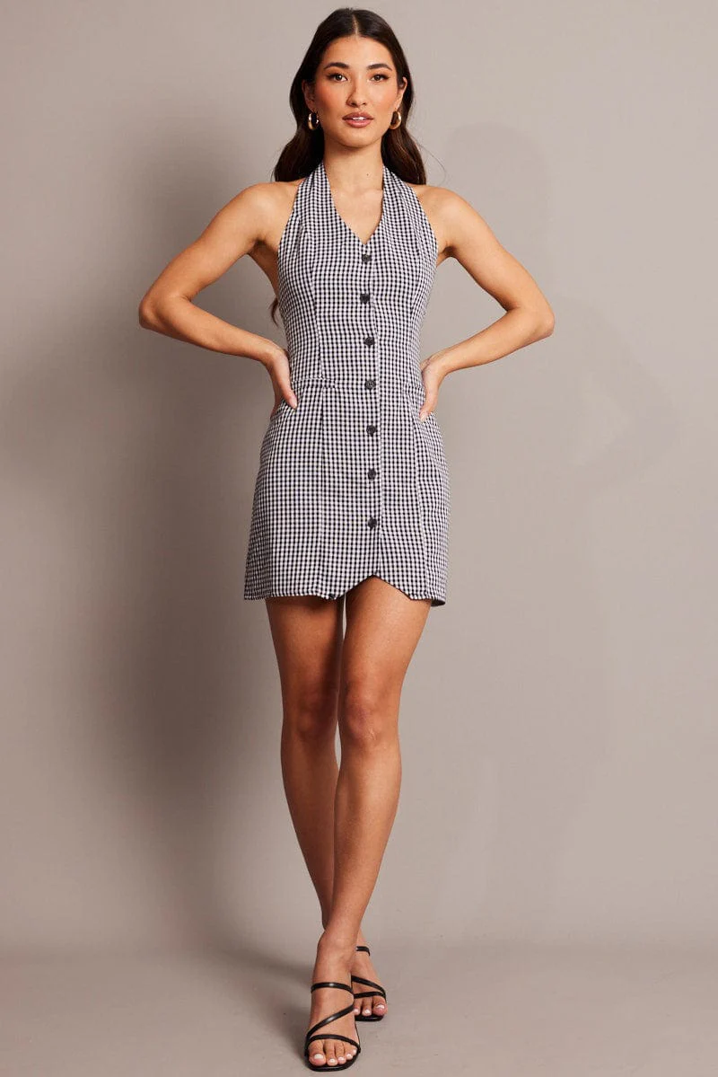 Black Check Halter Neck Dress Mini