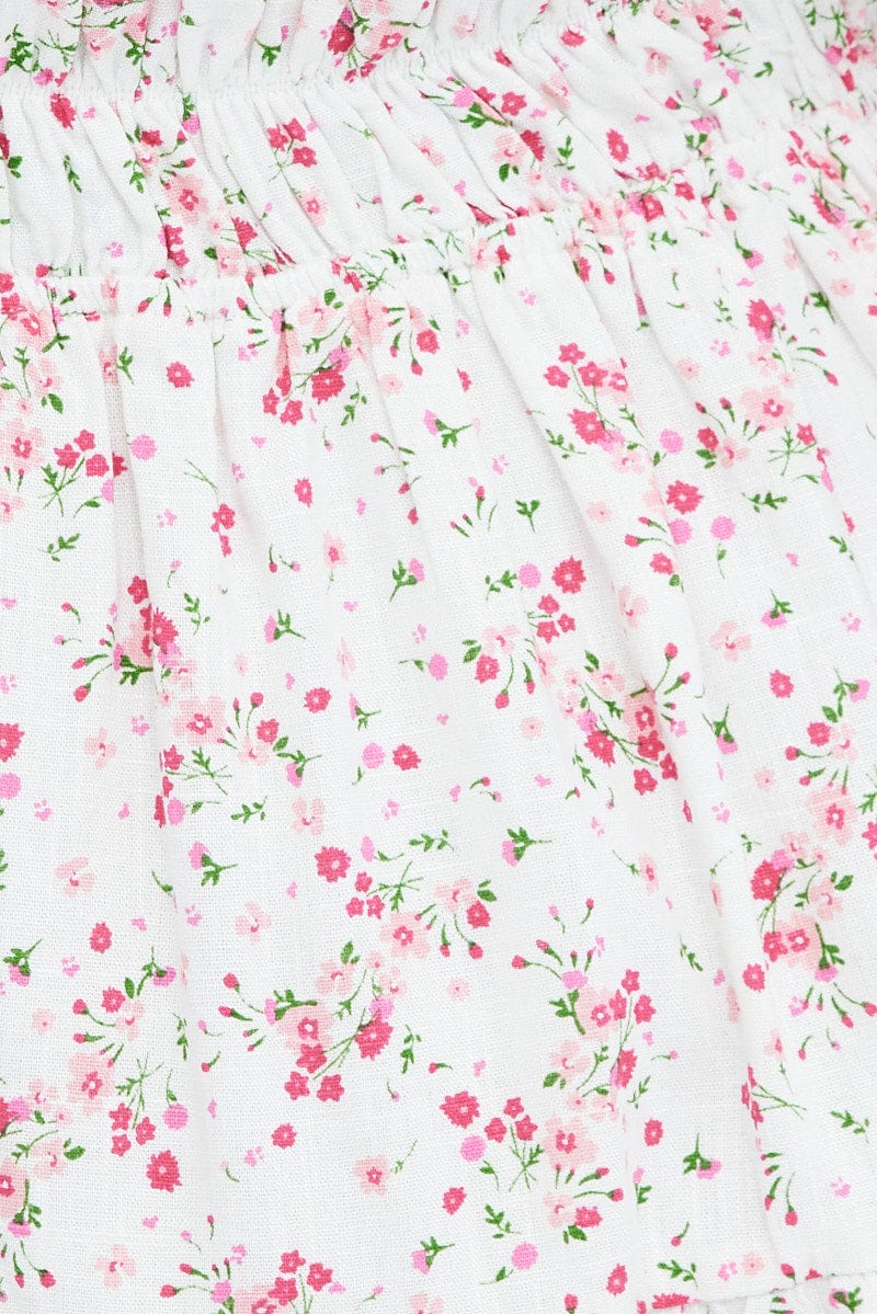 Pink Floral Fit And Flare Dress Puff Sleeve Mini