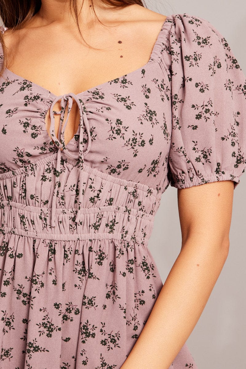 Purple Ditsy Fit And Flare Dress Puff Sleeve Mini