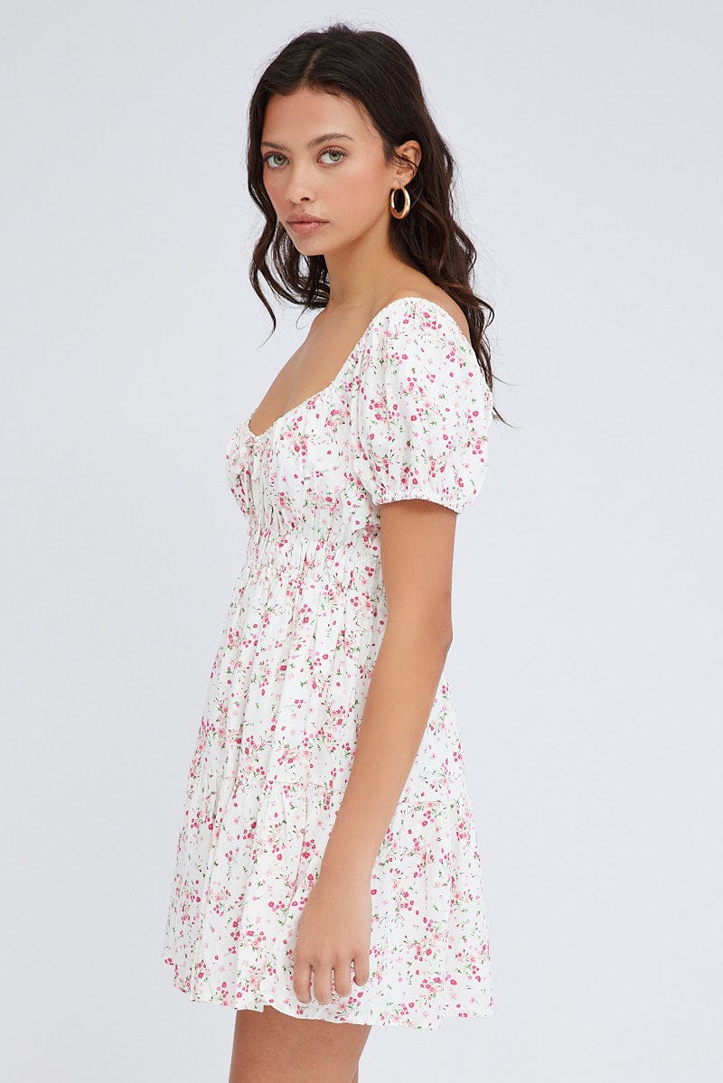 Pink Floral Fit And Flare Dress Puff Sleeve Mini