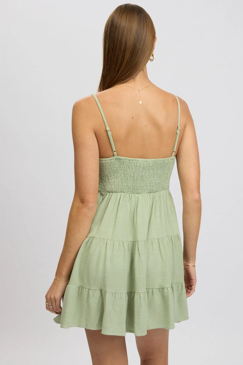 Green Mini Dress Tiered Strappy