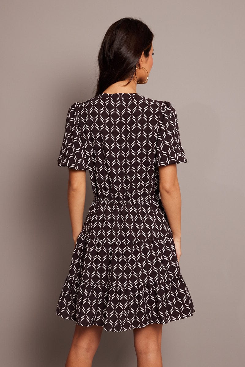 Brown Geo Fit And Flare Dress Puff Sleeve Mini