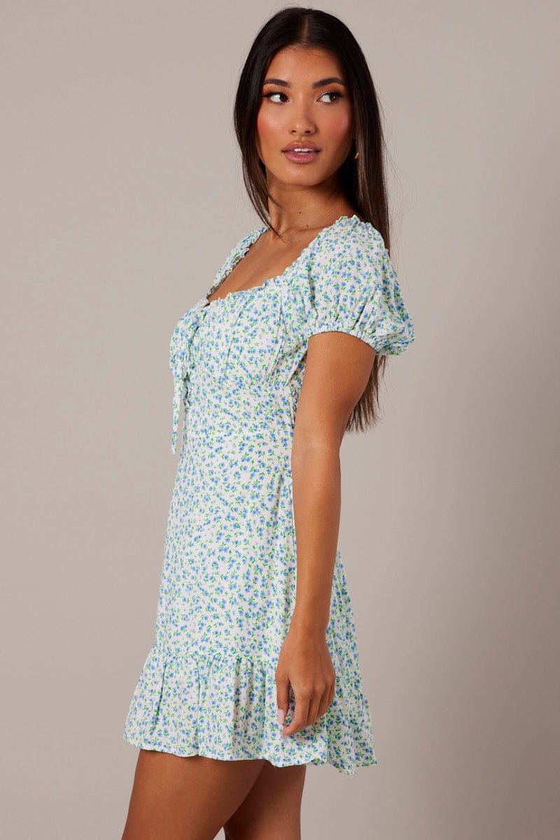 White Ditsy Fit and Flare Dress Short Sleeve Lace Up Front