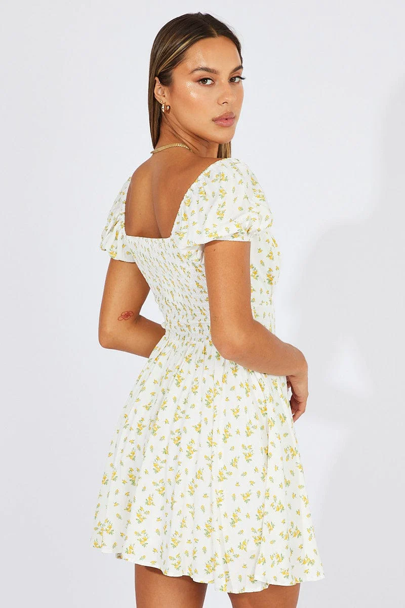 White Ditsy Fit And Flare Dress Puff Sleeve Mini