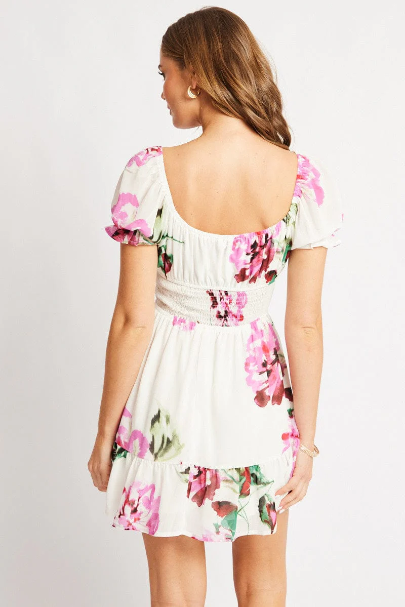 Purple Floral Fit And Flare Dress Mini