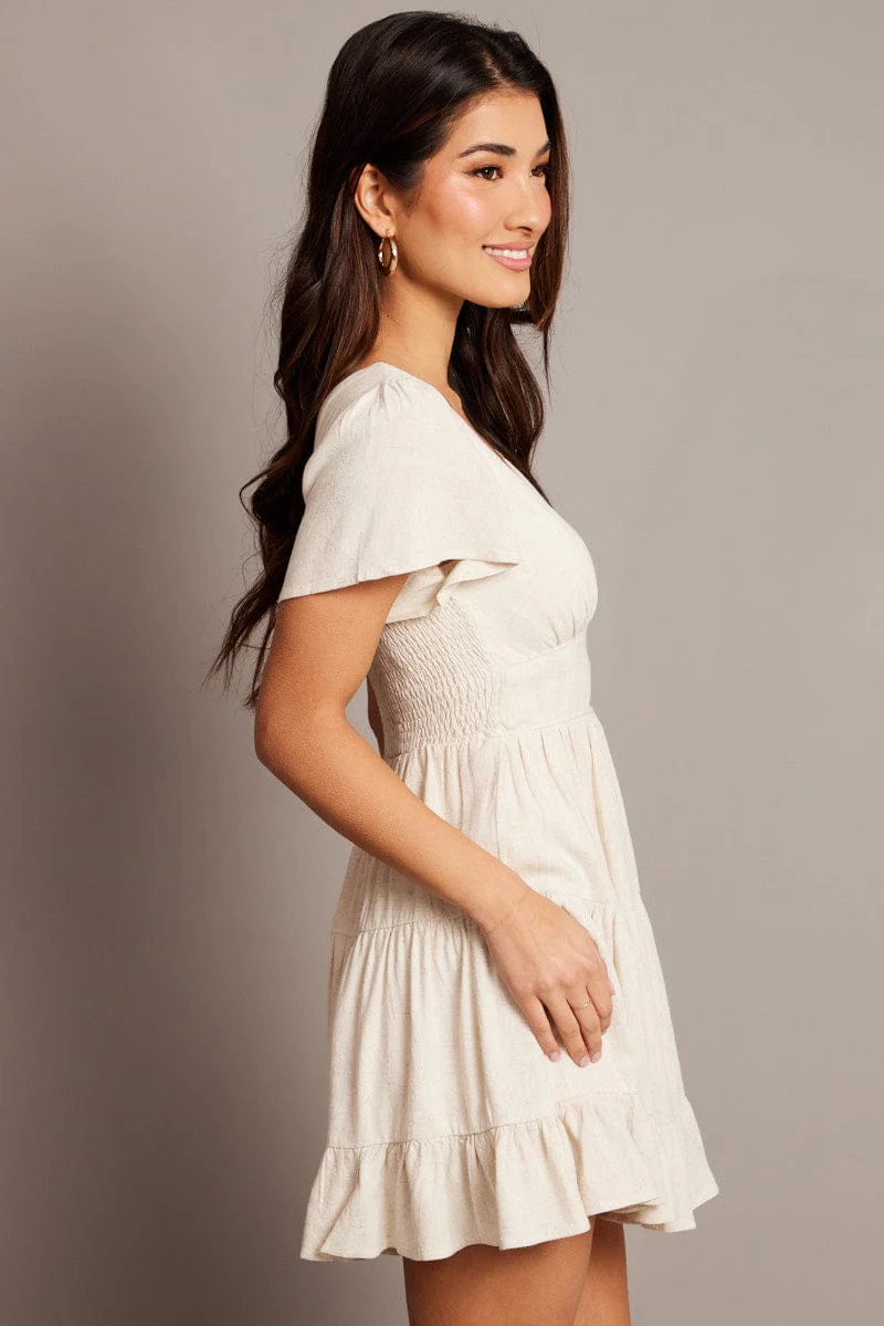Beige Fit And Flare Dress V-neck Mini