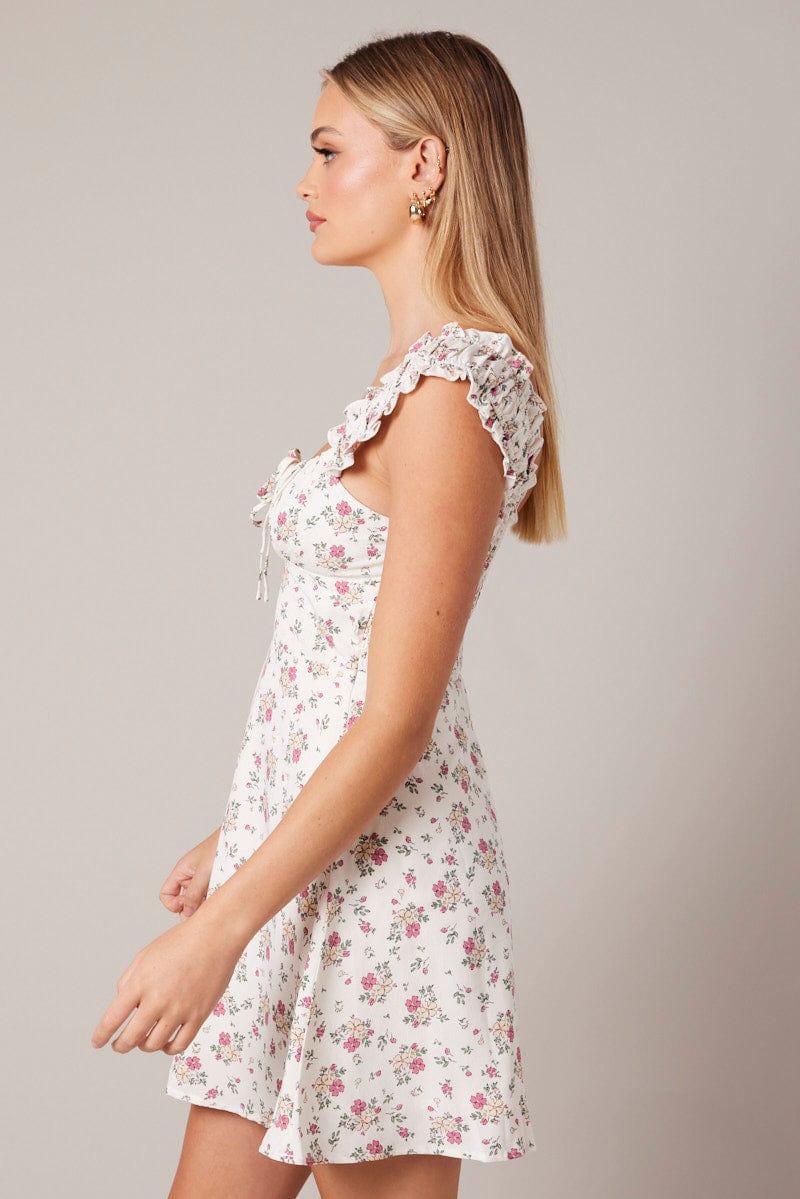 Pink Floral Fit And Flare Dress Mini