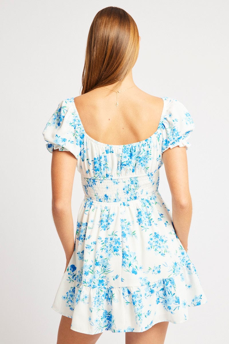 Blue Floral Fit And Flare Dress Mini