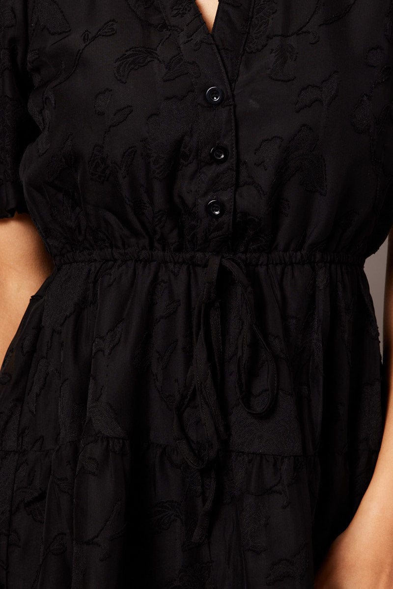 Black Fit And Flare Dress Puff Sleeve Burnout Fabric
