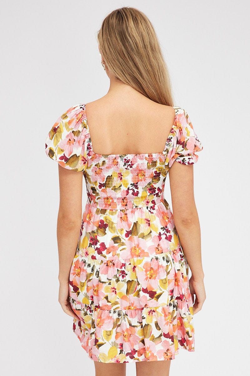 Pink Floral Fit and Flare Dress Short Sleeve Shirred