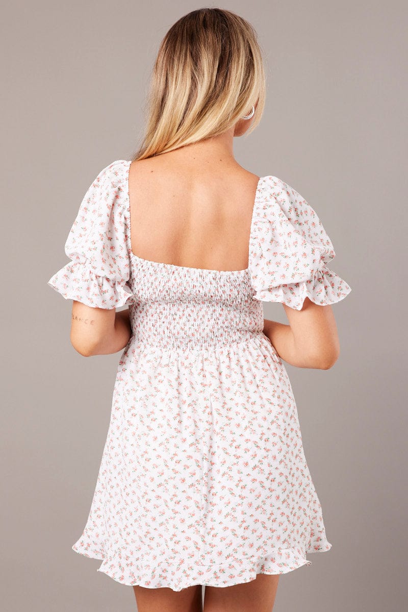 White Floral Fit And Flare Dress Puff Sleeve