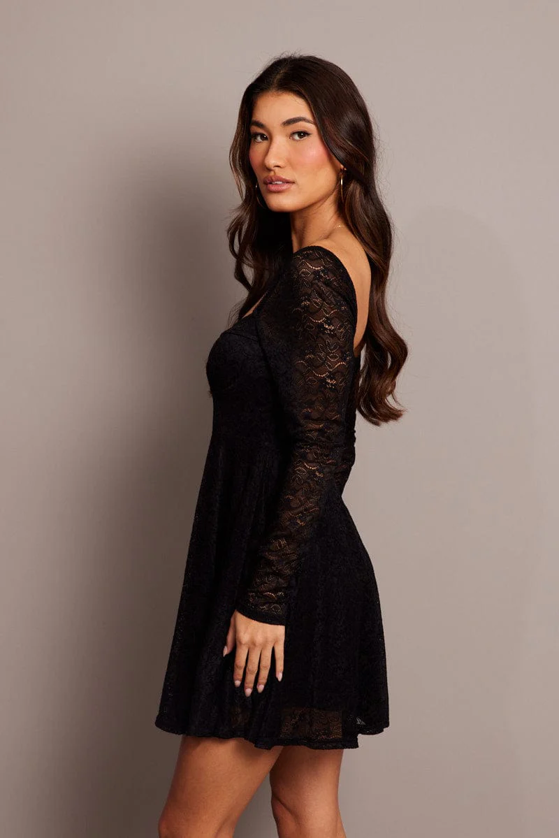 Black Fit And Flare Dress Long Sleeve Lace