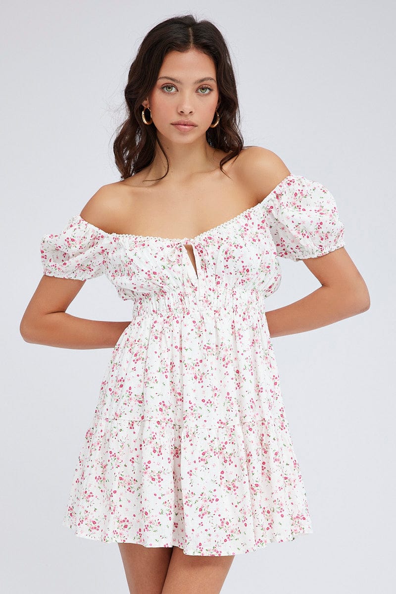 Pink Floral Fit And Flare Dress Puff Sleeve Mini