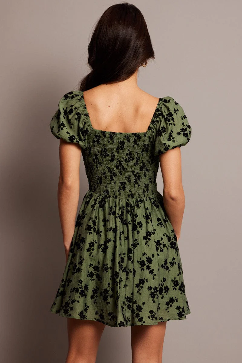 Green Ditsy Fit And Flare Dress Mini