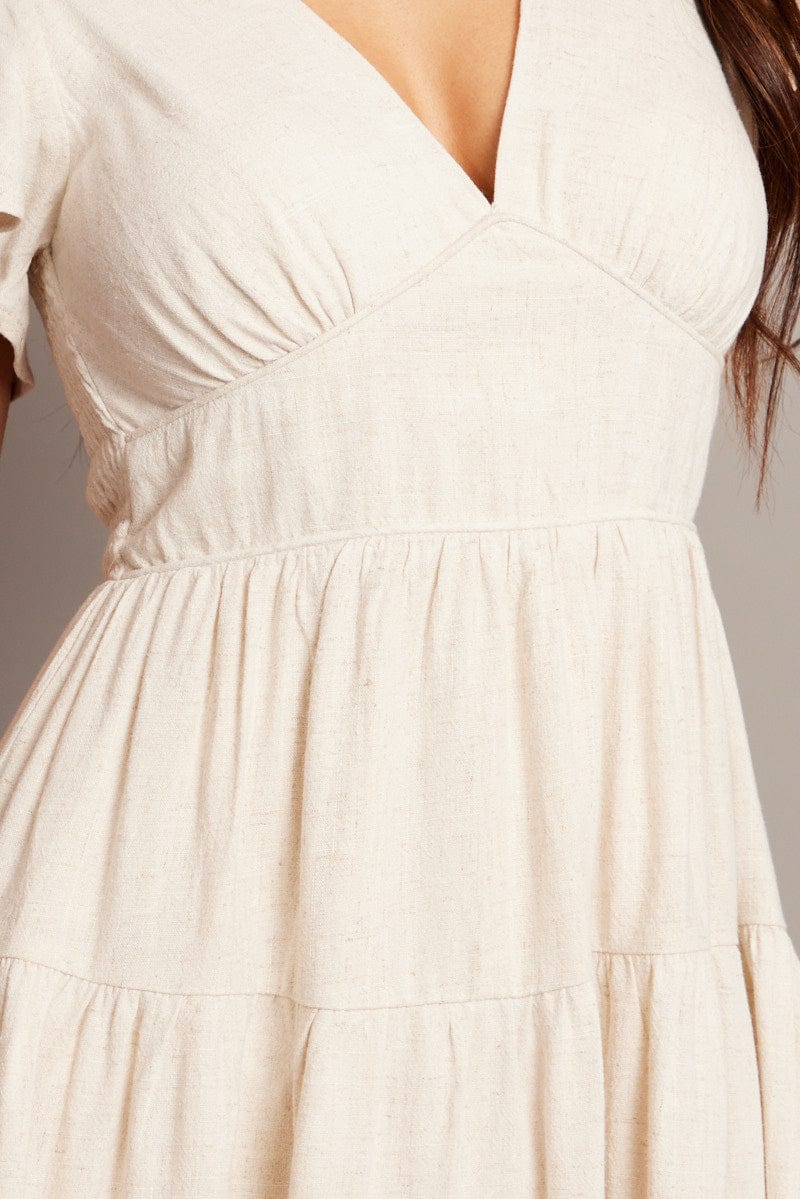 Beige Fit And Flare Dress V-neck Mini