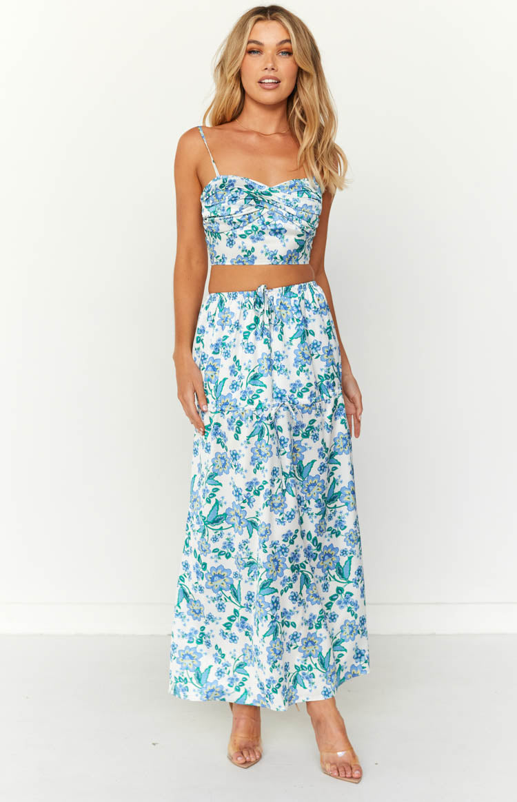 Sweet Satin Blue Floral Maxi Skirt