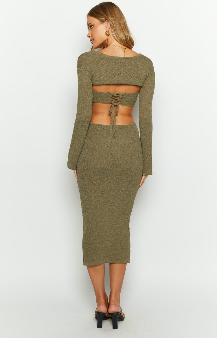 Alba Khaki Long Sleeve Knit Midi Dress