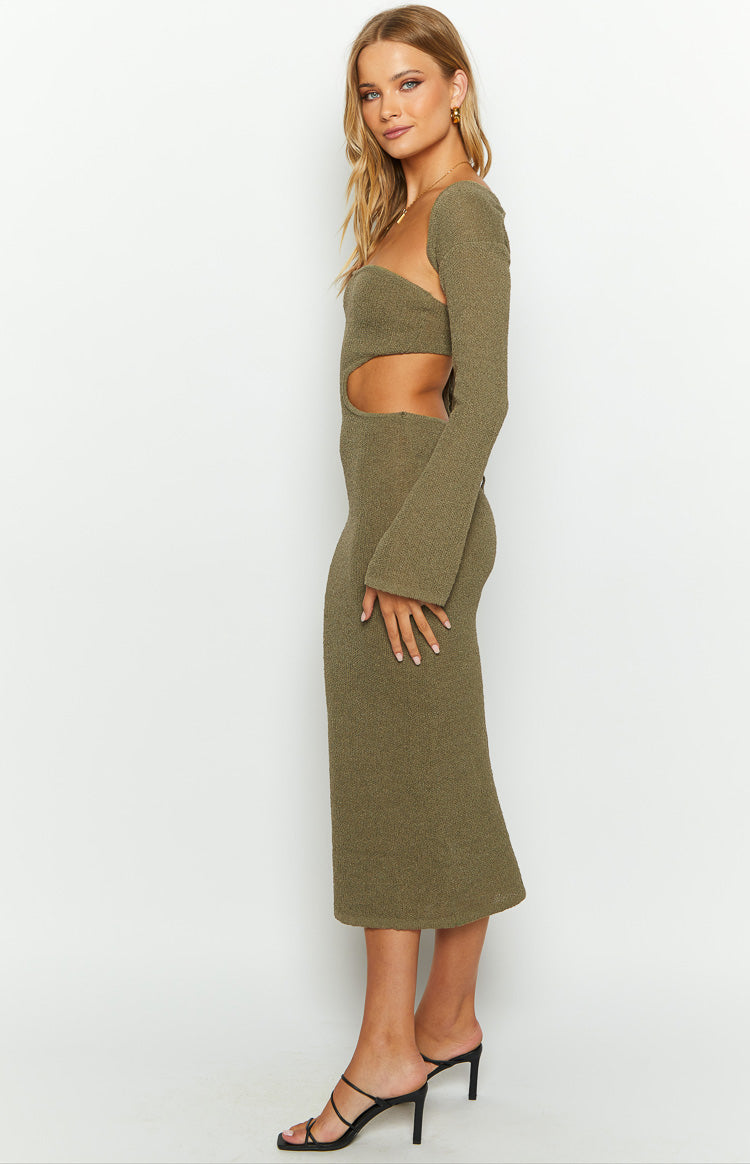 Alba Khaki Long Sleeve Knit Midi Dress
