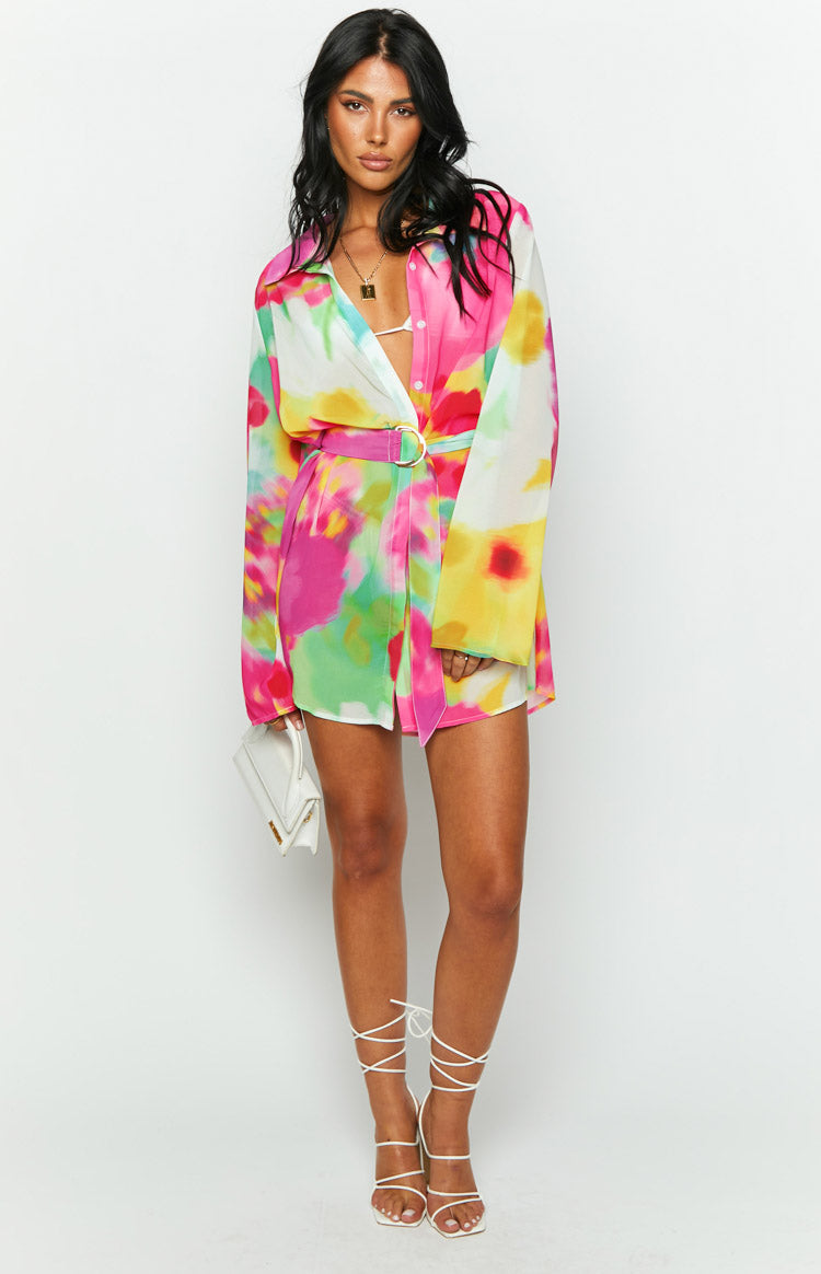 Moscow Floral Print Long Sleeve Button Up Mini Shirt Dress