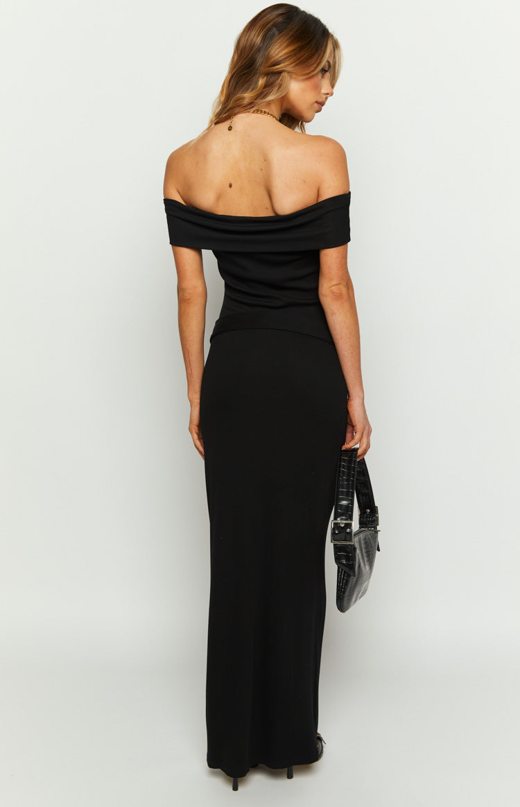 The Sophia Off The Shoulder Belt Black Maxi Dress
