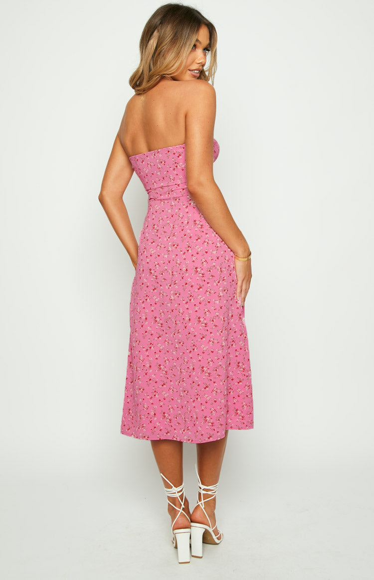 Dion Pink Floral Strapless Midi Dress