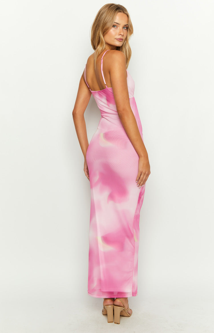 Tulsa Pink Print Mesh Midi Dress