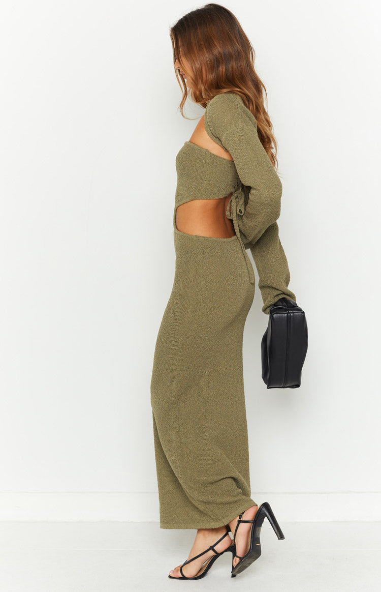 Alba Khaki Long Sleeve Knit Midi Dress