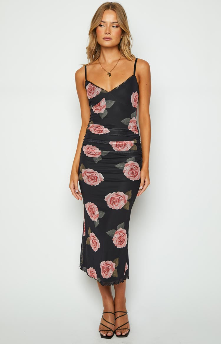 Capri Black Floral Mesh Midi Dress