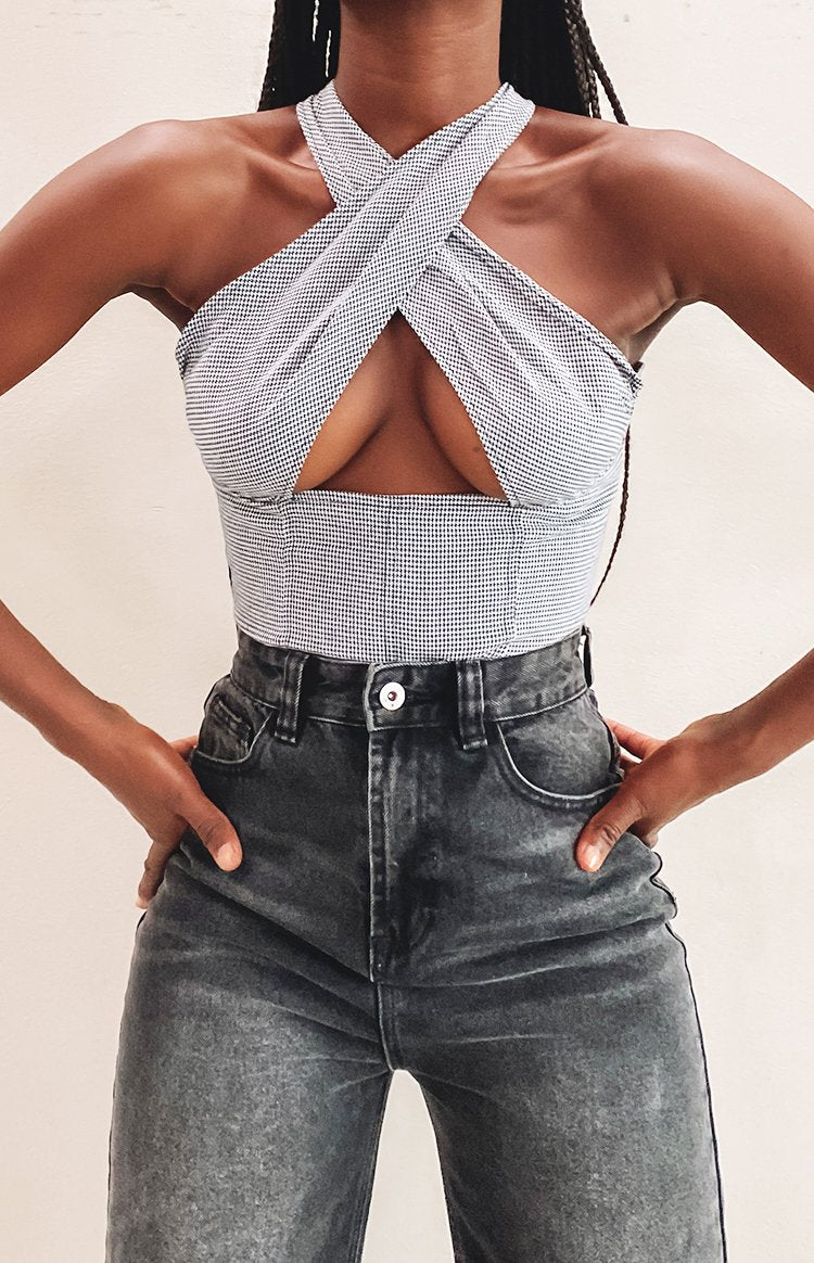 Lioness Crossroads Top Houndstooth Black and White