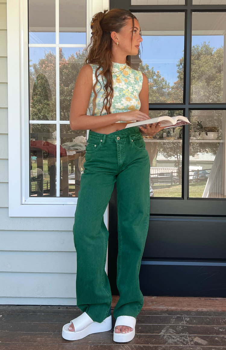 Kansis Green Uneven Waist Jeans