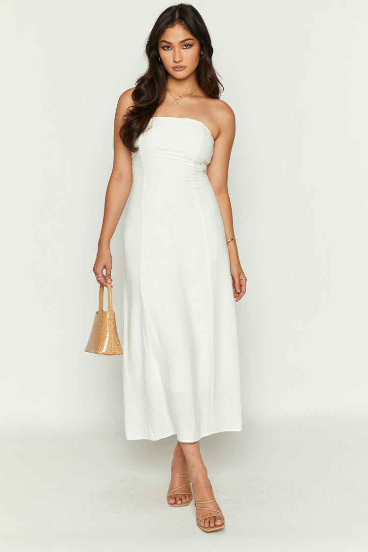Vienna White Linen Blend Strapless Midi Dress