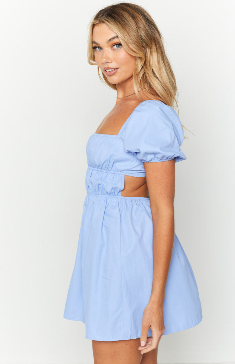 Lovey Blue Puff Sleeve Ruched Mini Dress