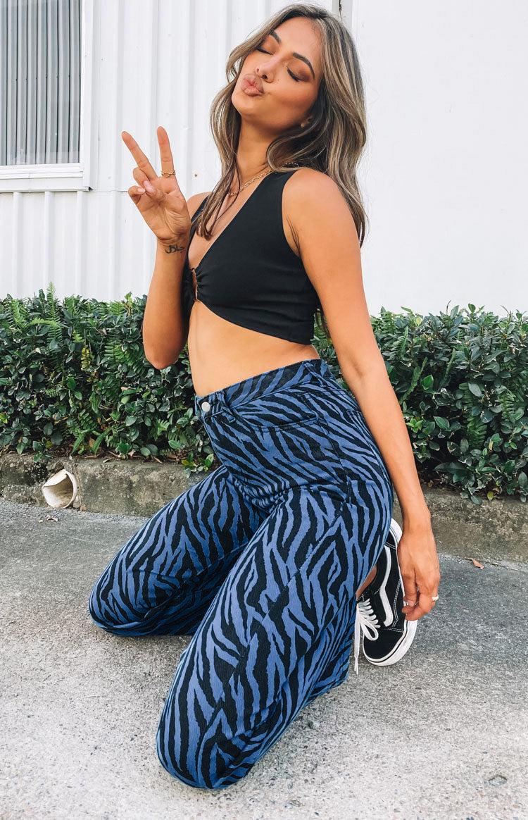 Jungle Swing Print Straight Leg Jeans Blue