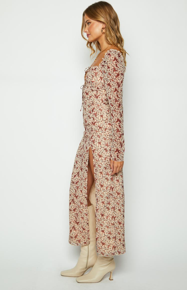 Marea Cream Paisley Print Long Sleeve Maxi Dress