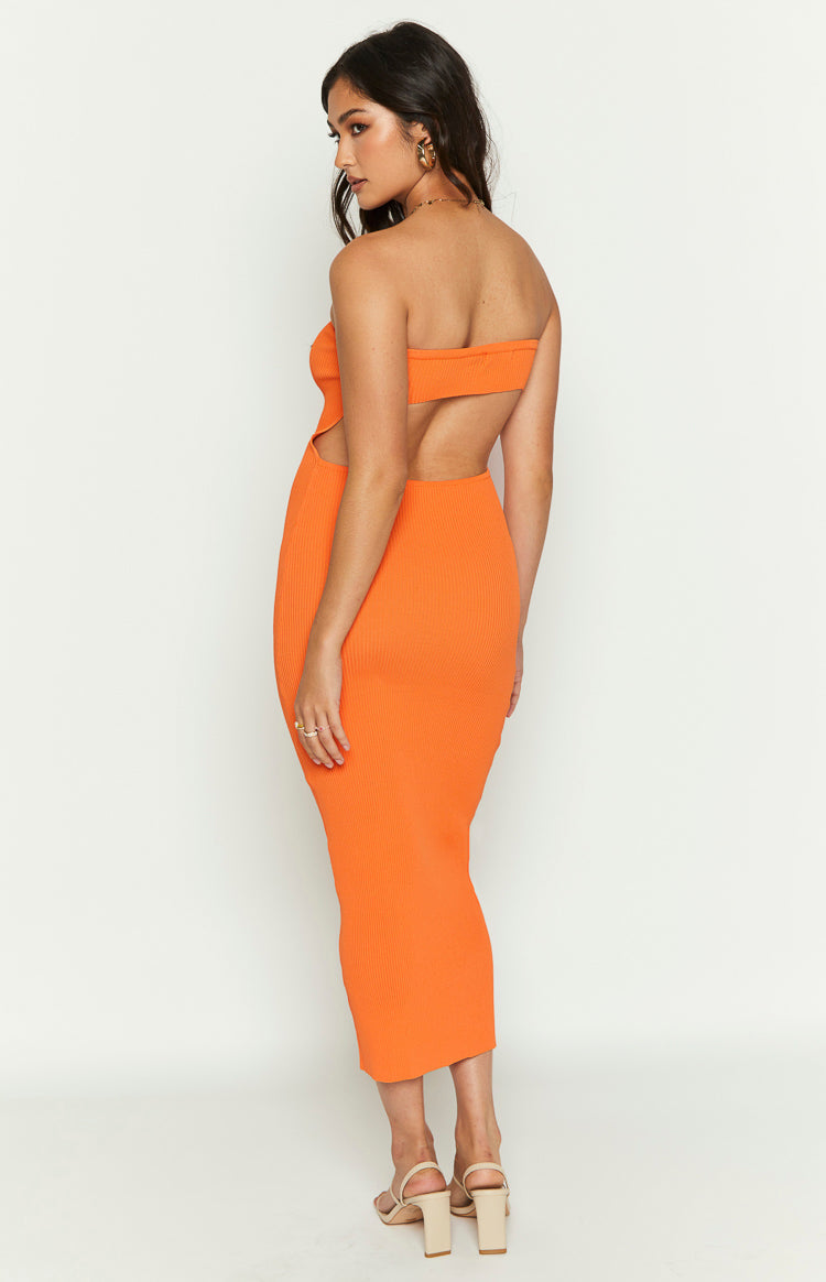 Rebecca Orange Strapless Knit Midi Dress