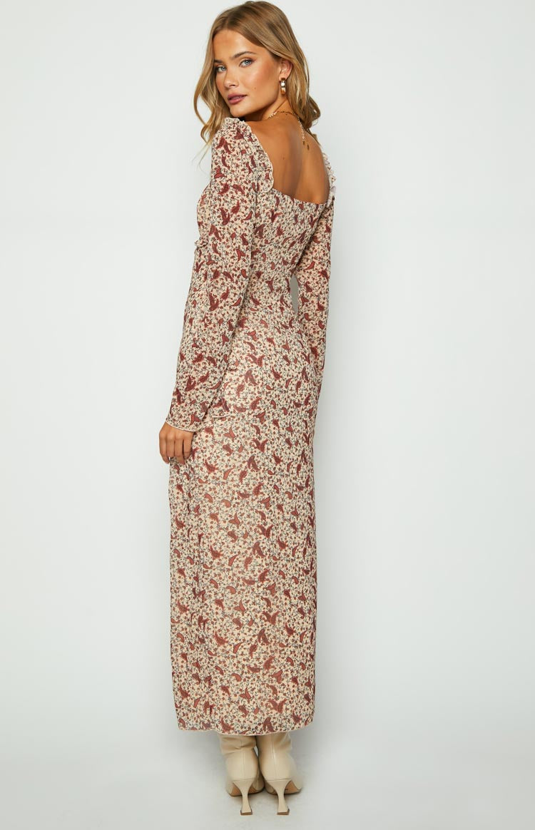 Marea Cream Paisley Print Long Sleeve Maxi Dress