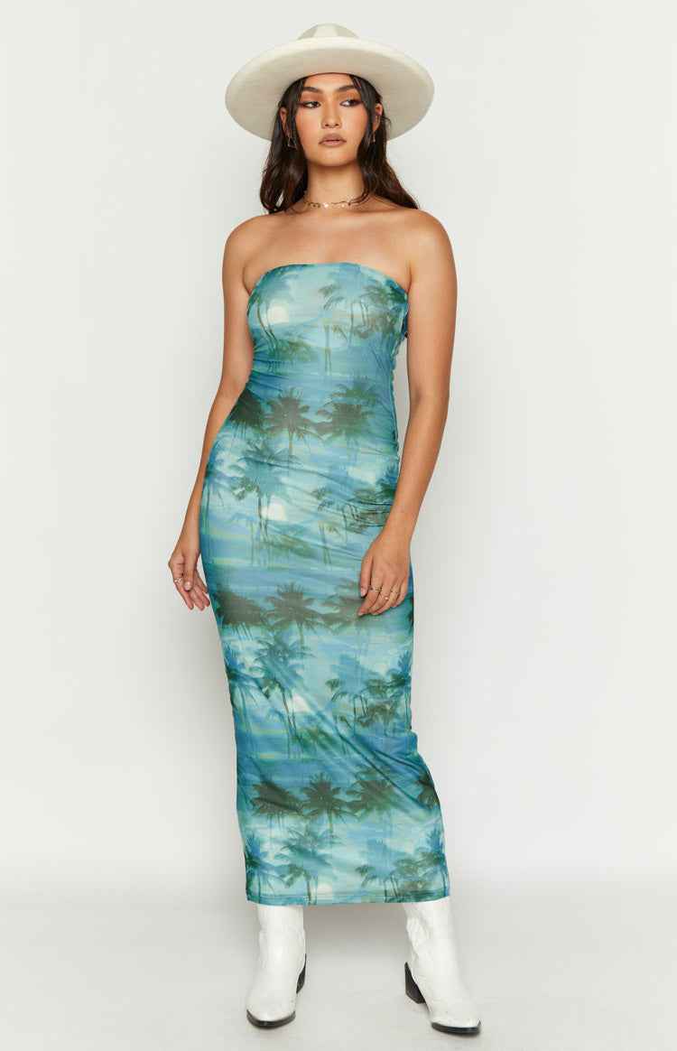 Adriana Blue Print Strapless Maxi Mesh Dress