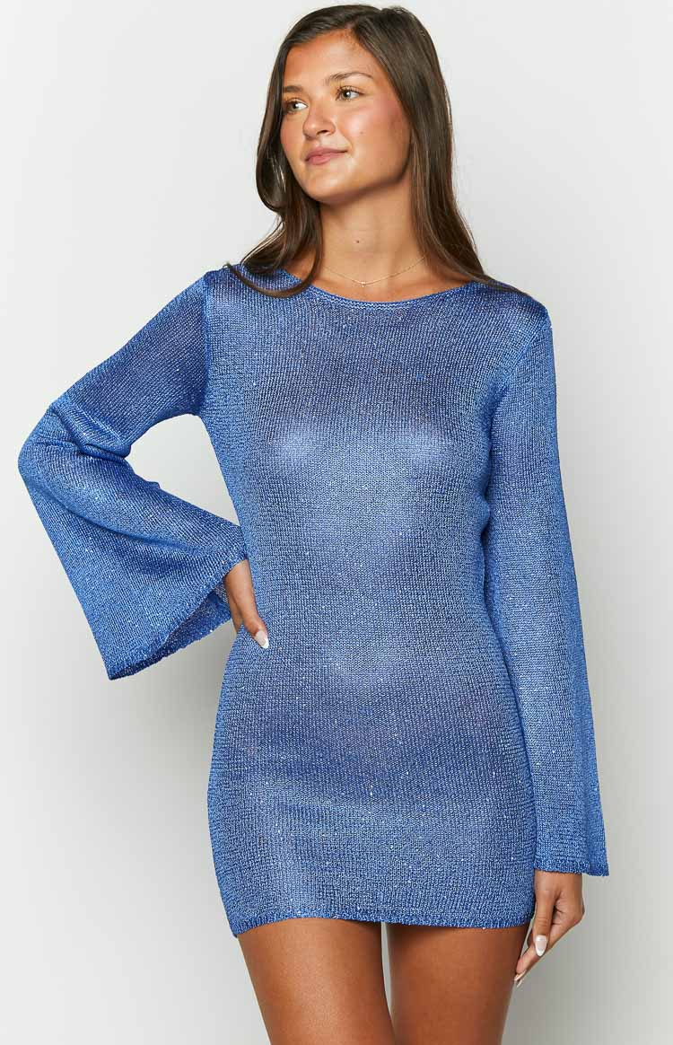 Alyiah Blue Sequin Knit Long Sleeve Mini Dress