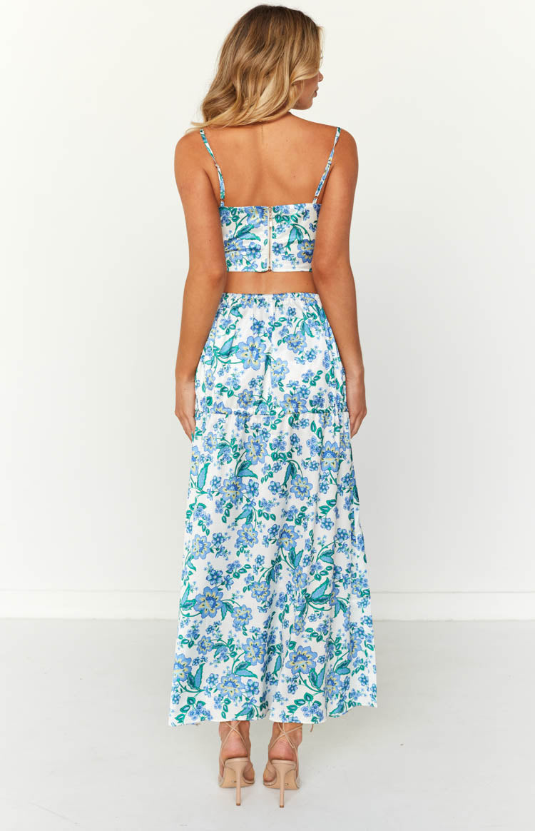 Sweet Satin Blue Floral Maxi Skirt