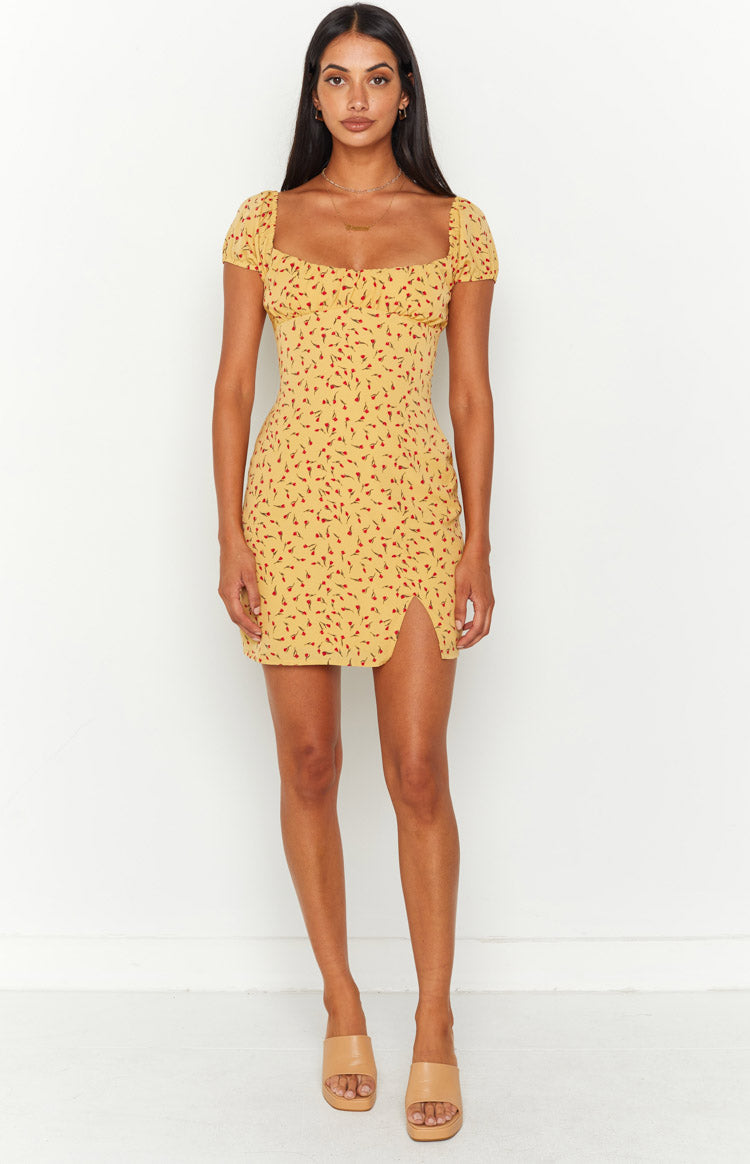 Love & Lust Yellow Floral Cap Sleeve Mini Dress